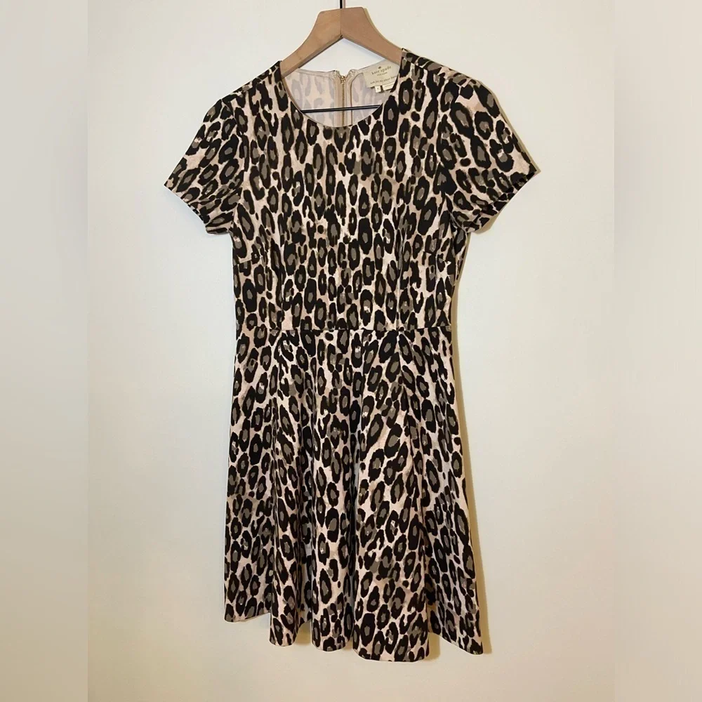 Kate Spade Short Sleeve Round Neck Autumn Leopard Knit Fit-Flare Dress Sz 4